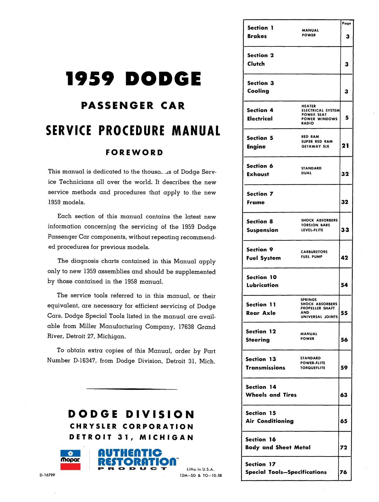 1958-1959 Dodge Service Manual - All Models - Image 3