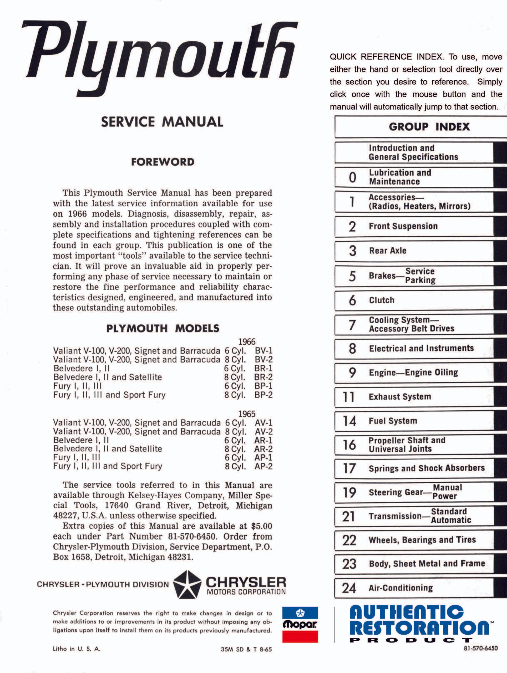1966 Plymouth Shop Manual - Image 3